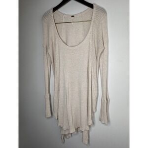 Free People Womens Cream Waffle Knit Thermal Scoop Neck Tunic Top Size Medium